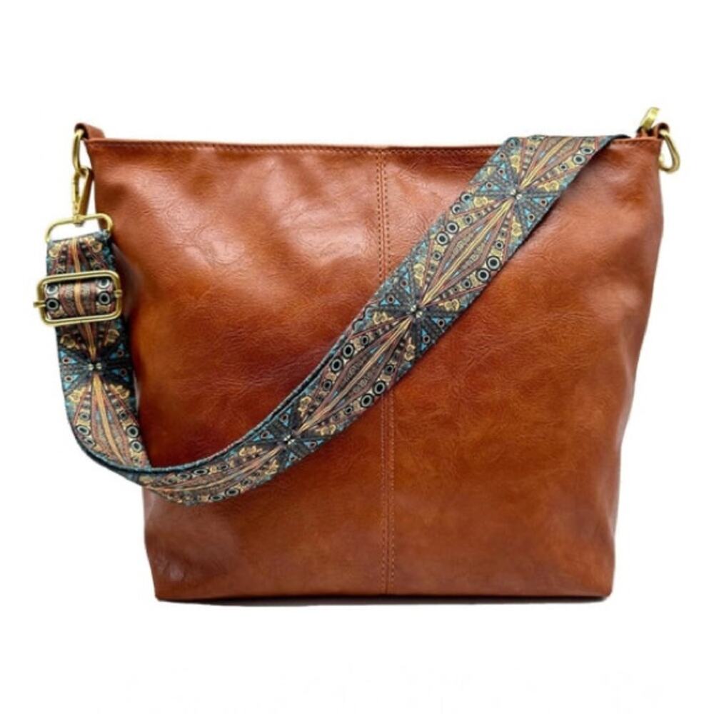 NEW FREE PEOPLE Brown Vegan Faux Leather Blue Strap Purse Tote Shoulder Bag - Picture 12 of 12